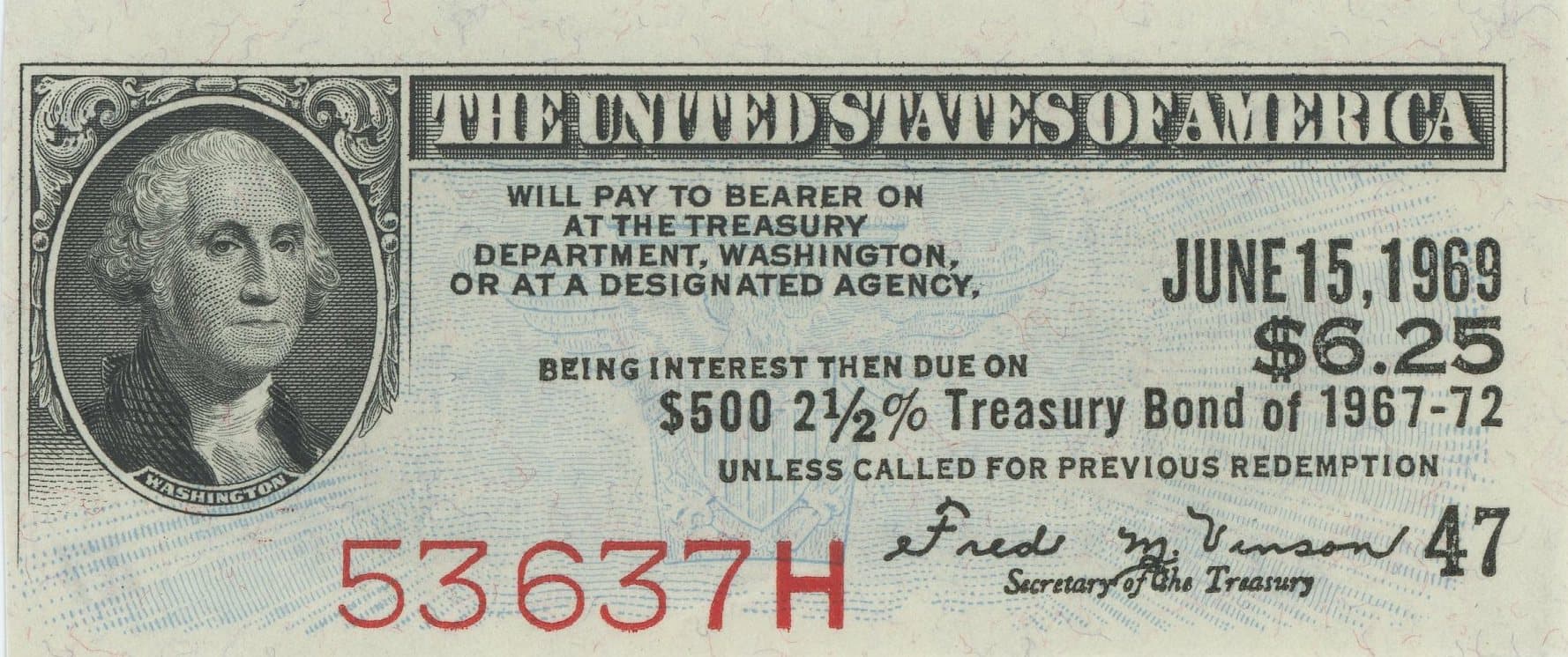 A 1945 US Treasury bond coupon for $500 at 2.5% interest.