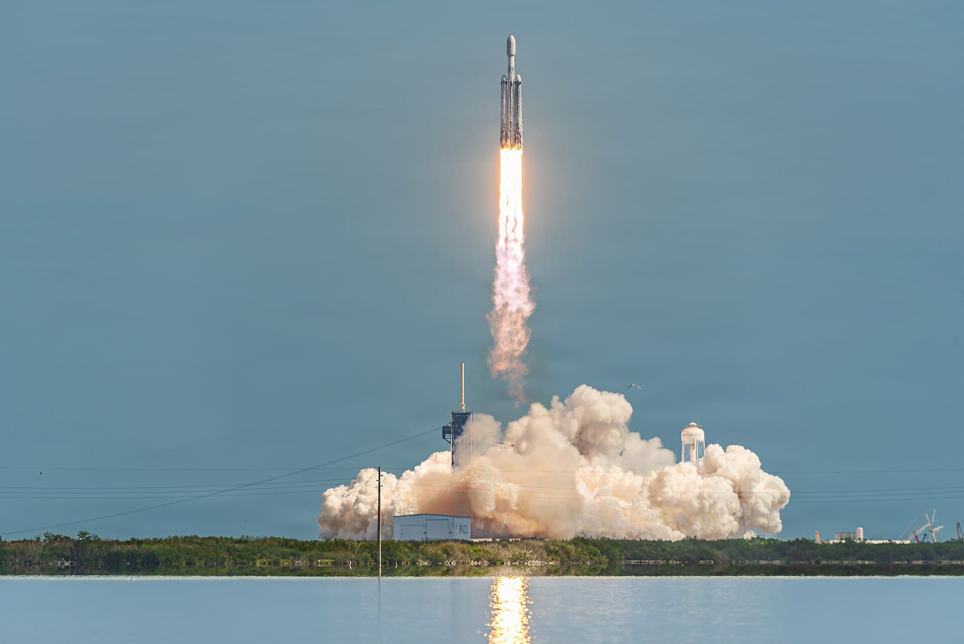 A Falcon Heavy rocket launches from Kennedy Space Center, carrying the ViaSat-3 F3 satellite.
