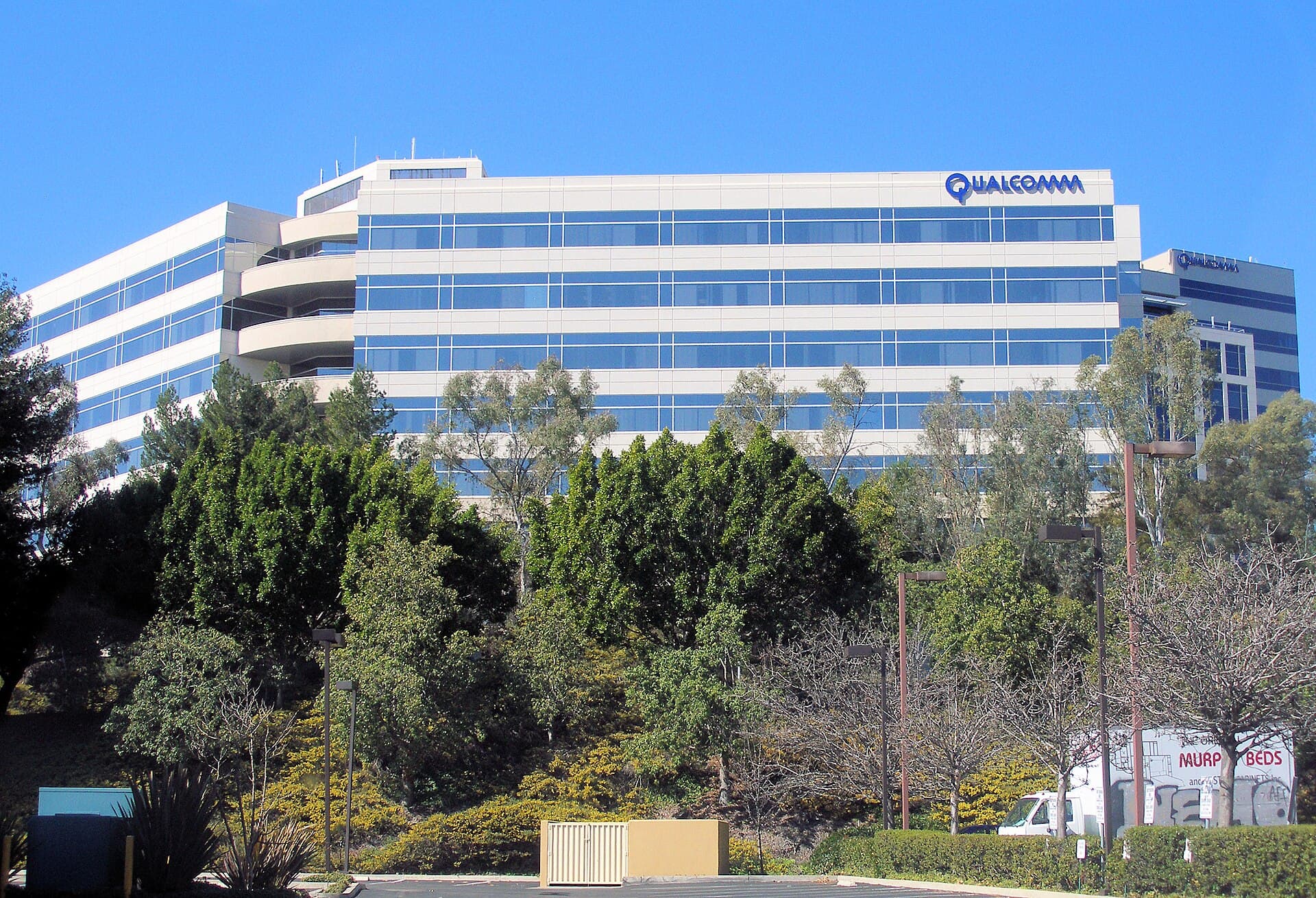 Exterior of Qualcomm's corporate headquarters building.